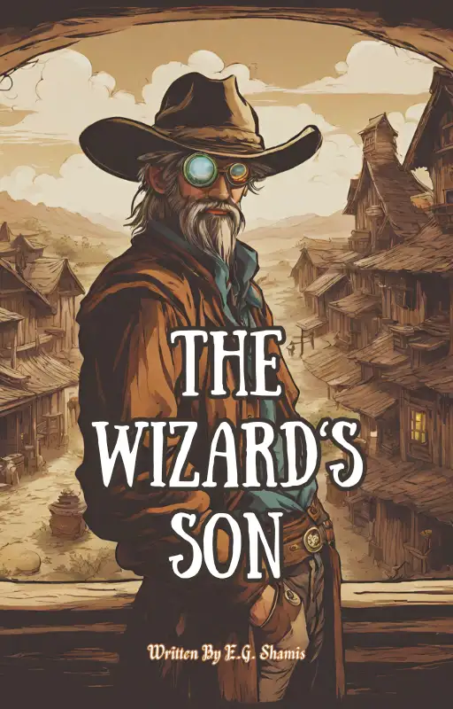 The Wizards Son. A old western looking town backdrop with a scraggly, bespectacled old man, who looks like a sheriff standing in the forefront.
